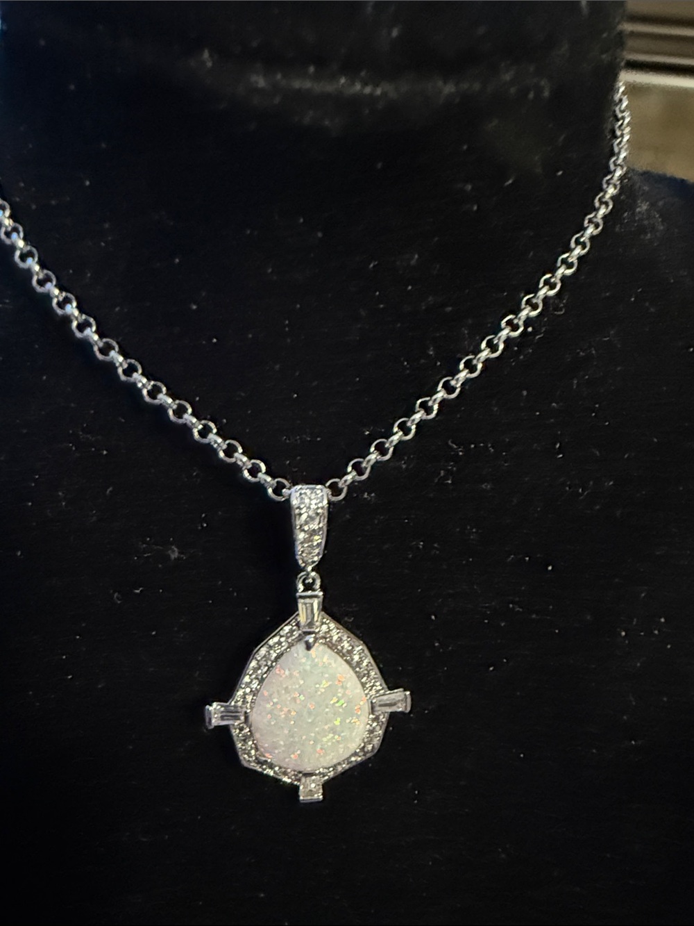 BP rhodium plated White Opal Pendant Necklace